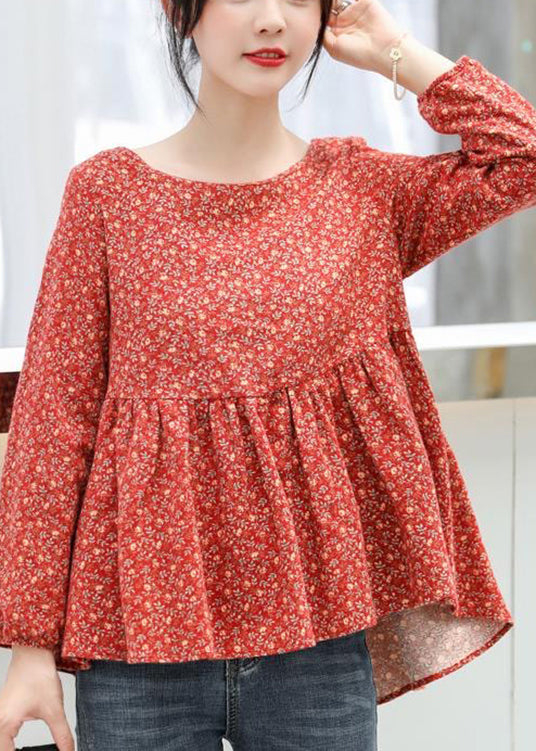 retro Red Print Patchwork Cotton Top Long Sleeve