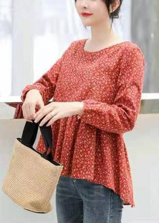 retro Red Print Patchwork Cotton Top Long Sleeve