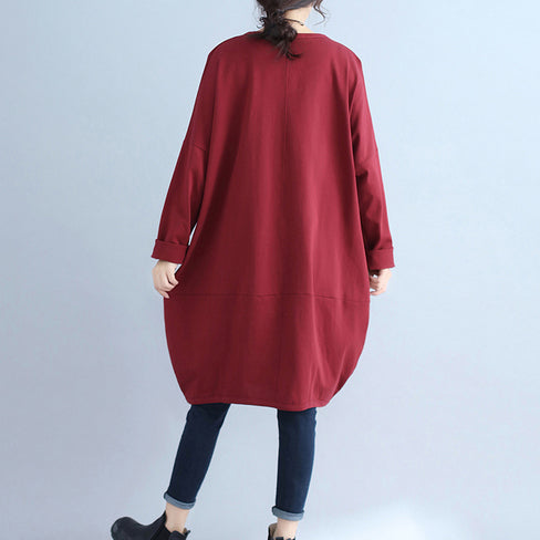 solid cotton pockets prints burgundy casual dresses oversize o neck mid dress