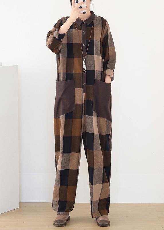 spring big pockets ming Harem cotton brown plus szie  plaid jumpsuit - SooLinen