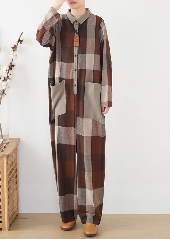 spring big pockets ming Harem cotton brown plus szie  plaid jumpsuit - SooLinen