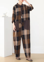 spring big pockets ming Harem cotton brown plus szie  plaid jumpsuit - SooLinen