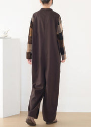 spring big pockets ming Harem cotton brown plus szie  plaid jumpsuit - SooLinen