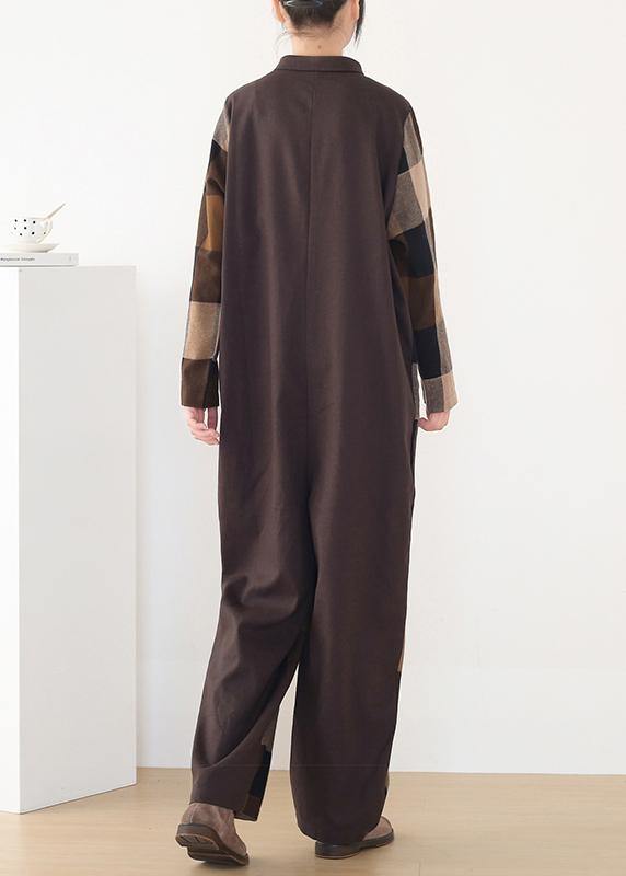 spring big pockets ming Harem cotton brown plus szie  plaid jumpsuit - SooLinen