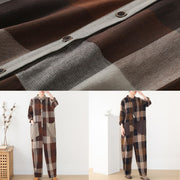 spring big pockets ming Harem cotton brown plus szie  plaid jumpsuit - SooLinen