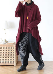 spring high neck red knit sweat tops plus size clothing asymmetric hem knit blouse - SooLinen