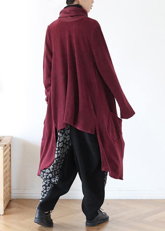 spring high neck red knit sweat tops plus size clothing asymmetric hem knit blouse - SooLinen