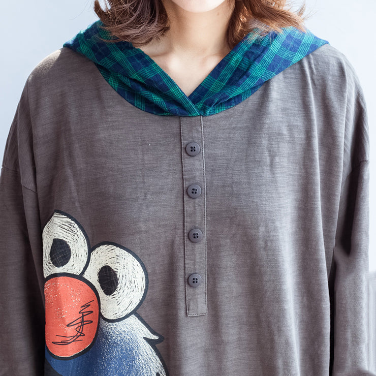 stylish big bird prints gray casual knit cotton tops plus size grid hooded t shirt