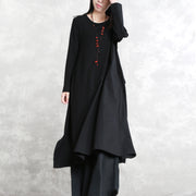 stylish black cotton blended side open dresses plus size o neck pockets New long sleeve asymmetric baggy dresses