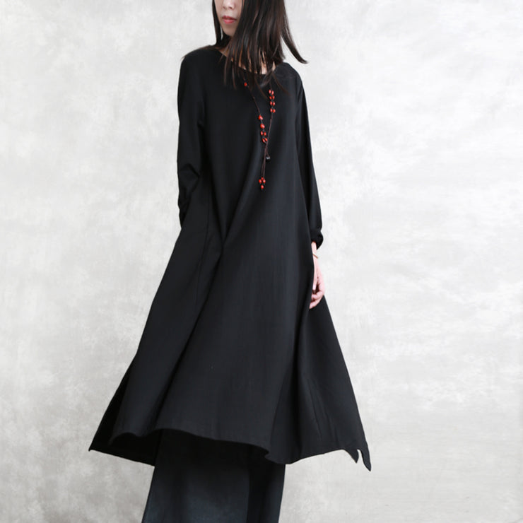 stylish black cotton blended side open dresses plus size o neck pockets New long sleeve asymmetric baggy dresses