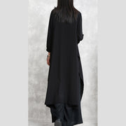 stylish black cotton blended side open dresses plus size o neck pockets New long sleeve asymmetric baggy dresses