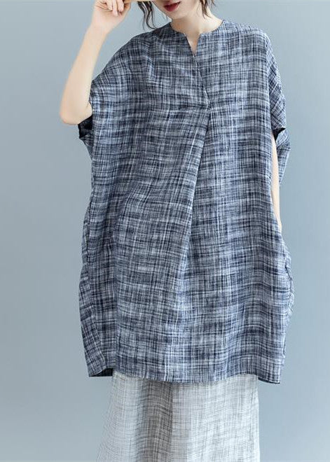 stylish black Plaid natural linen dress oversize traveling dress 2018 Batwing Sleeve o neck baggy dresses