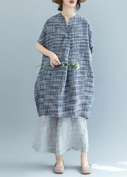 stylish black Plaid natural linen dress oversize traveling dress 2018 Batwing Sleeve o neck baggy dresses