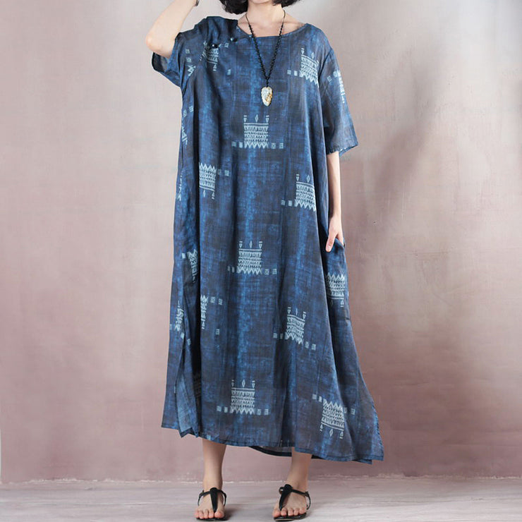 stylish blue linen dresses trendy plus size o neck Extra large hem caftans 2018 short sleeve baggy dresses caftans