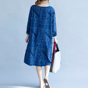 stylish blue print cotton dress trendy plus size holiday dresses New long sleeve baggy V neck side open cotton dress