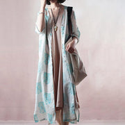 stylish blue print long linen dresses plus size clothing v neck side open traveling dress Fine half sleeve gown