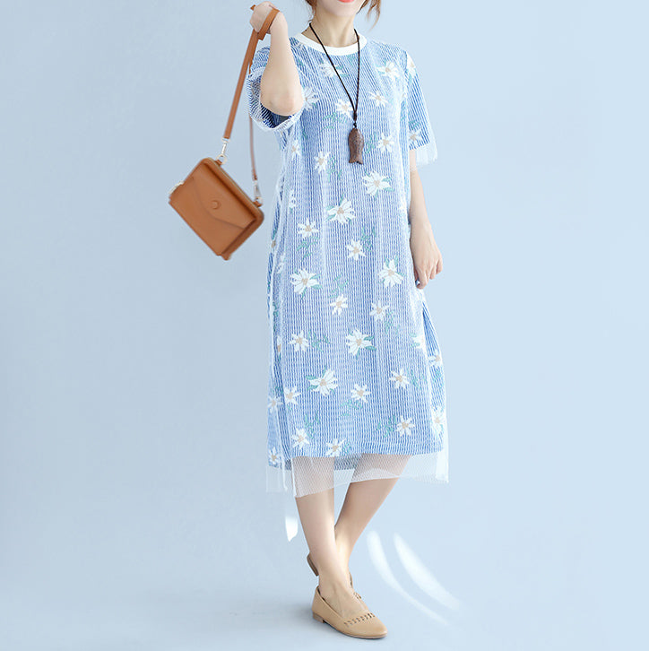 stylish blue striped cotton dresses oversized cotton clothing dress 2018 short sleeve prints cotton dress