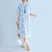 stylish blue striped cotton dresses oversized cotton clothing dress 2018 short sleeve prints cotton dress