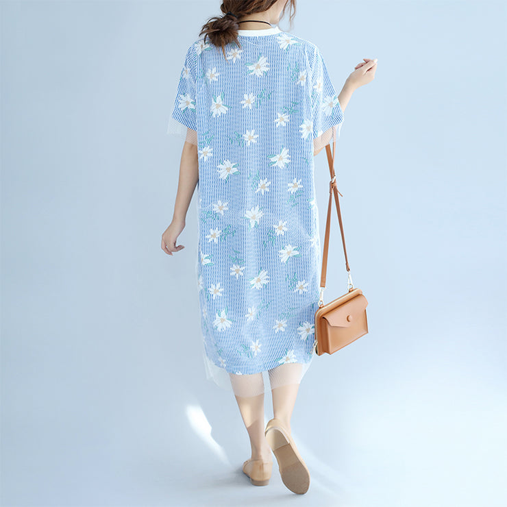 stylish blue striped cotton dresses oversized cotton clothing dress 2018 short sleeve prints cotton dress