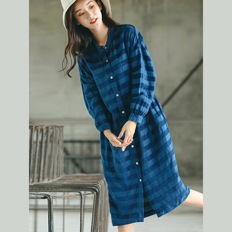 stylish blue striped oversized casual dress pockets Fine stand collar natural linen dress