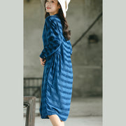 stylish blue striped oversized casual dress pockets Fine stand collar natural linen dress