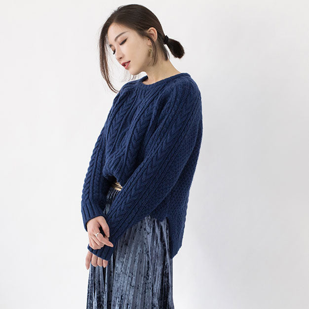 stylish blue winter sweater plus size clothing O neck side open sweaters Fine cable knit winter tops