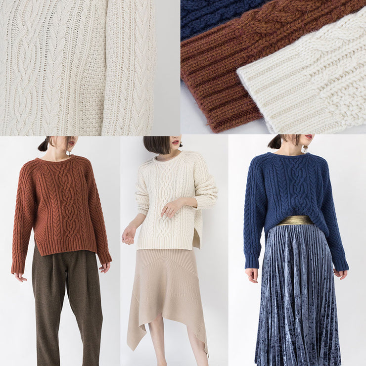 stylish blue winter sweater plus size clothing O neck side open sweaters Fine cable knit winter tops