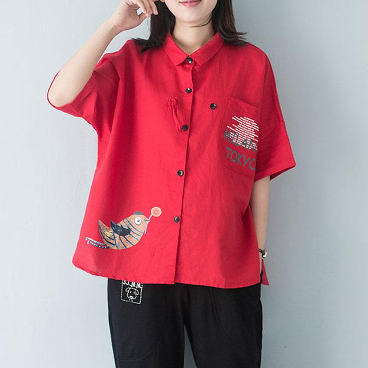 stylish cotton blouse plus size polo Collar Single Breasted 12 Sleeve Red Blouse