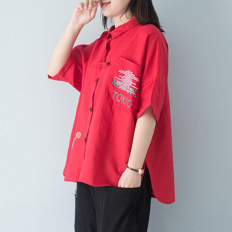 stylish cotton blouse plus size polo Collar Single Breasted 12 Sleeve Red Blouse