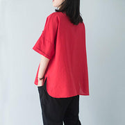 stylish cotton blouse plus size polo Collar Single Breasted 12 Sleeve Red Blouse