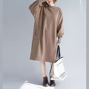 stylish khaki spring cotton dress Omychic warm long sleeve thick holiday dresses o neck cotton clothing dresses