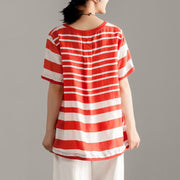 stylish linen tops over sized Red Stripe Short Sleeve Summer Casual Tops