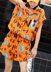 stylish orange prints cotton blended short sleeve jumpsuit hot pants - SooLinen