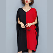 stylish red black patchwork chiffon polyester dresses trendy plus size traveling clothing fine batwing sleeve clothing