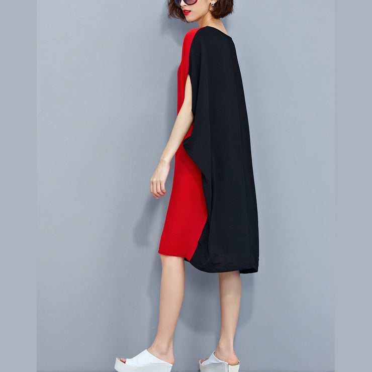 stylish red black patchwork chiffon polyester dresses trendy plus size traveling clothing fine batwing sleeve clothing