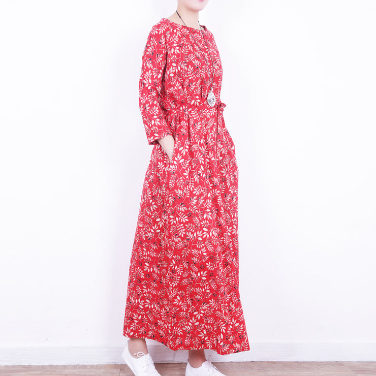 stilvolles rotes Leinenkleid mit Blumenmuster lässige Kaftane mit O-Ausschnitt Neue Maxikleider mit Bindegürtel