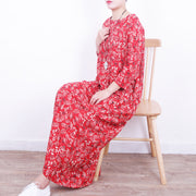 stylish red floral linen dress casual o neck caftans New tie waist maxi dresses