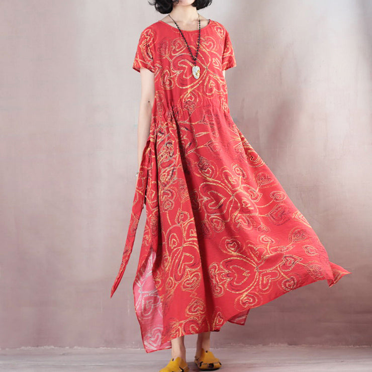 stylish red linen maxi dress casual O neck print traveling clothing women short sleeve baggy dresses linen caftans