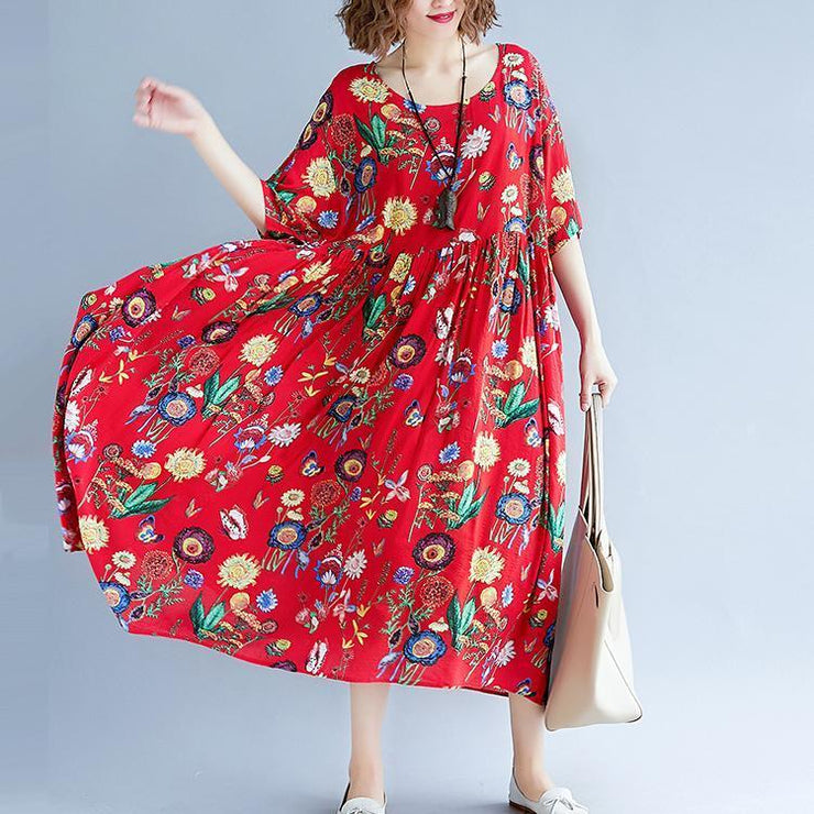 stylish red print long cotton linen dresses casual short sleeve baggy dresses gown 2018 o neck gown