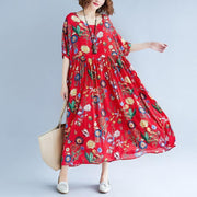 stylish red print long cotton linen dresses casual short sleeve baggy dresses gown 2018 o neck gown