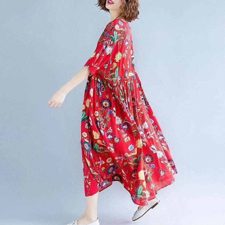 stylish red print long cotton linen dresses casual short sleeve baggy dresses gown 2018 o neck gown