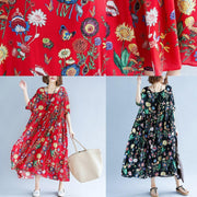 stylish red print long cotton linen dresses casual short sleeve baggy dresses gown 2018 o neck gown