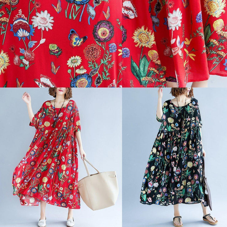 stylish red print long cotton linen dresses casual short sleeve baggy dresses gown 2018 o neck gown