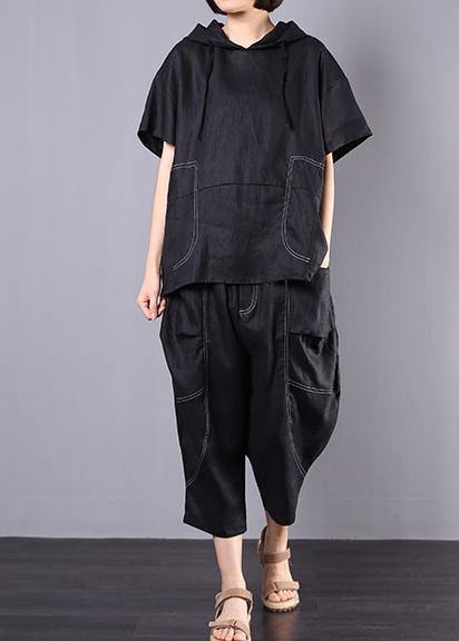 summer black casual linen two pieces hooded blouse with casual harem pants - SooLinen