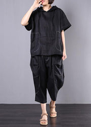 summer black casual linen two pieces hooded blouse with casual harem pants - SooLinen