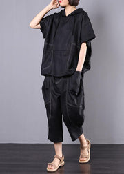 summer black casual linen two pieces hooded blouse with casual harem pants - SooLinen