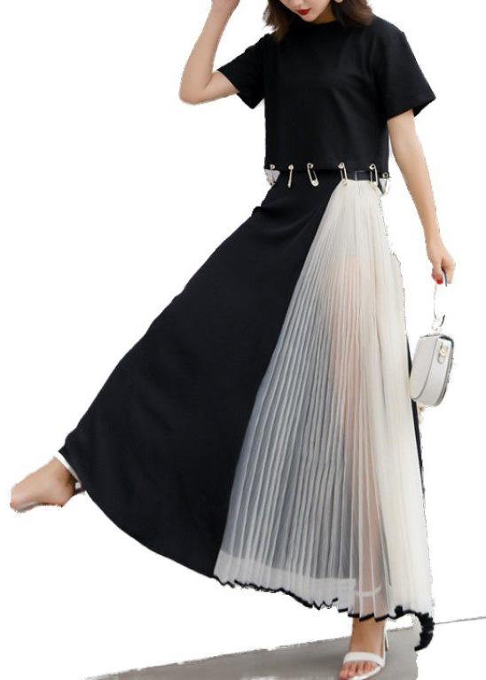 summer black chiffon casual maxi skirts women patchwork nets yarn beach skirts - SooLinen