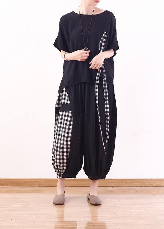 summer black cotton linen short sleeve tops and patchwork plaid harem pants - SooLinen