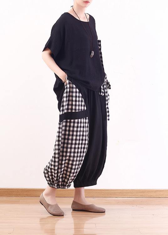 summer black cotton linen short sleeve tops and patchwork plaid harem pants - SooLinen