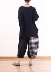 summer black cotton linen short sleeve tops and patchwork plaid harem pants - SooLinen